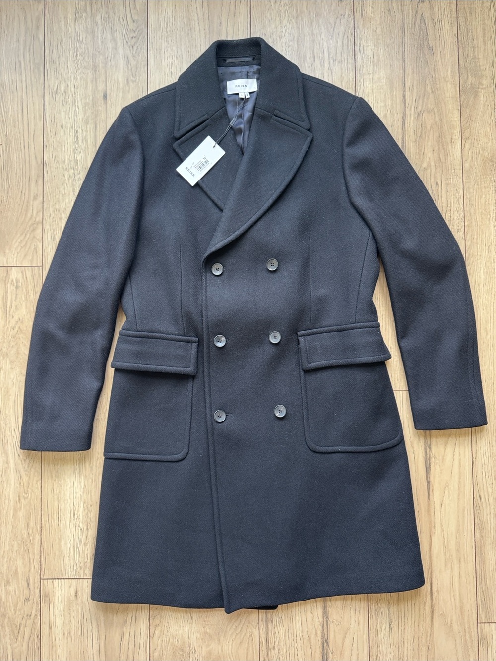 Reiss Caleb Military Overcoat Black Double Breasted Wool Blend Coat Men L NWT
